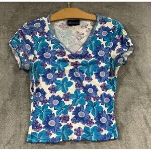 VTG No Boundaries Baby Tee Top Sz L Floral Blue Purple Short Sleeve Womens Y2K
